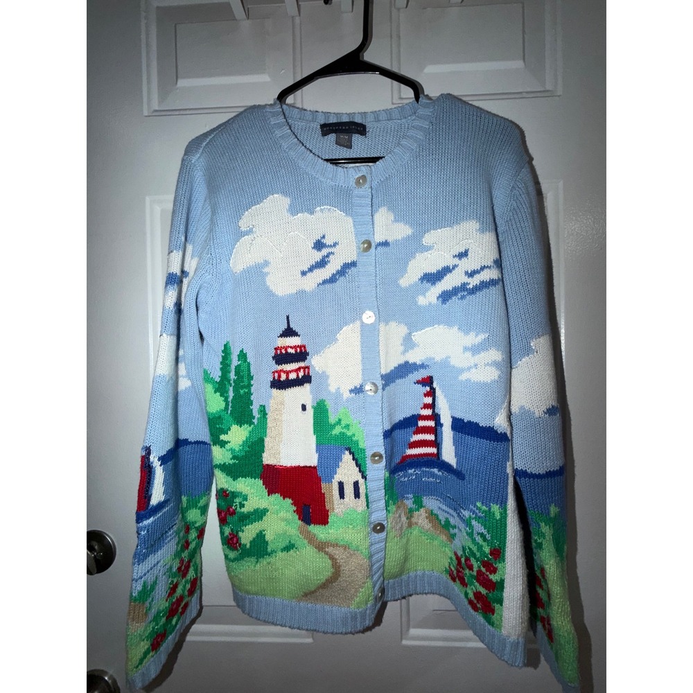 Vintage Northern Isles Lighthouse Sailboat Scenic Cardigan Sweater